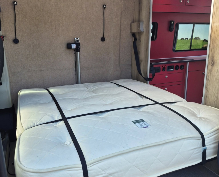 A camper has access for a wheelchair
