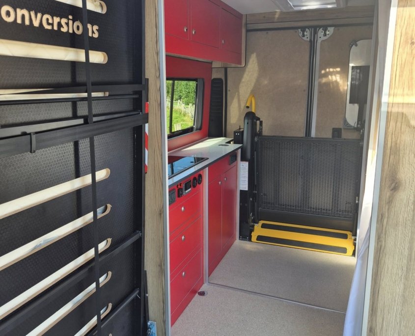 A camper has access for a wheelchair