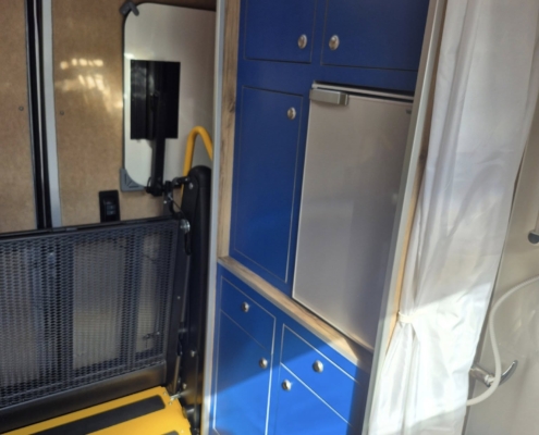 A camper has access for a wheelchair
