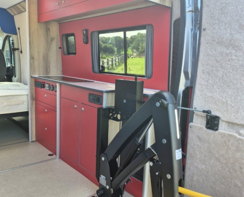 A camper has access for a wheelchair