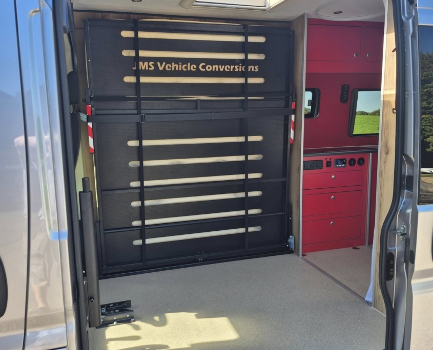 A camper has access for a wheelchair